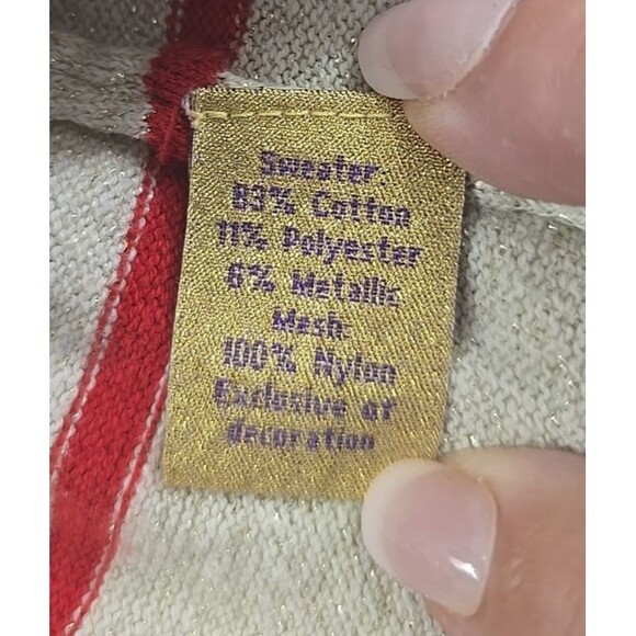 Y2K Princess Vera Wang Cream Red Sweater Womens XL  Stripe Sequin Holiday Bow - Picture 7 of 9